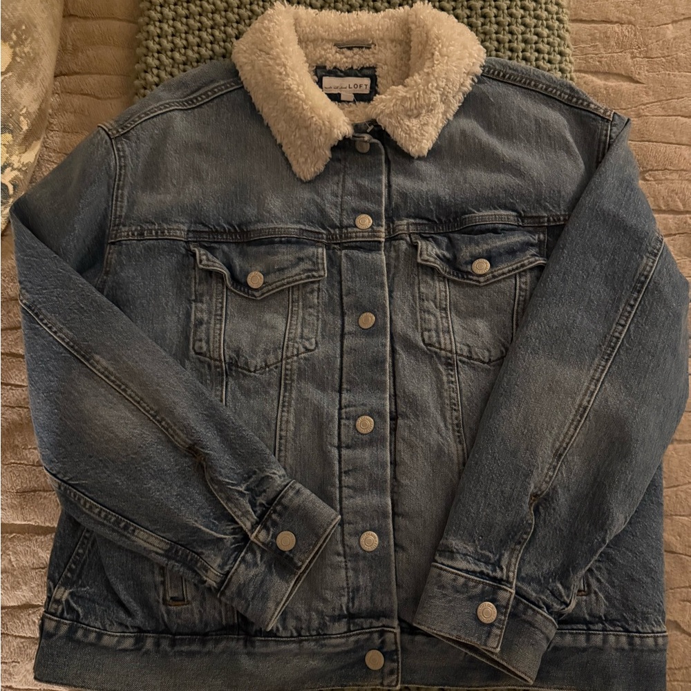LOFT Blue Jean Jacket with White Sherpa Collar